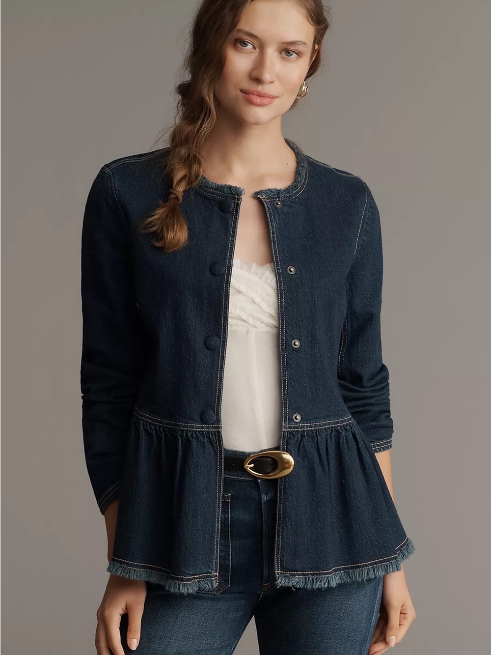 Pilcro Denim Jacket Womens Small Blue Excellent Peplum Collarless Raw Edge